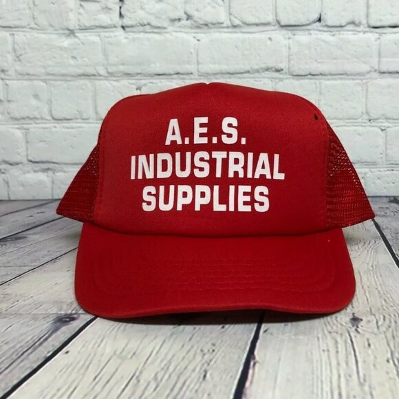 Vintage Trucker Hat Mesh A.E.S. Industrial Supplies Foam Cap Snapback Logo Red - Picture 1 of 6